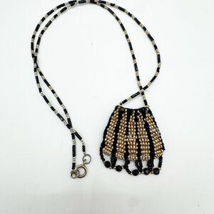 Vintage Seed Bead Black Gold Fringe Medicine Pouch Necklace